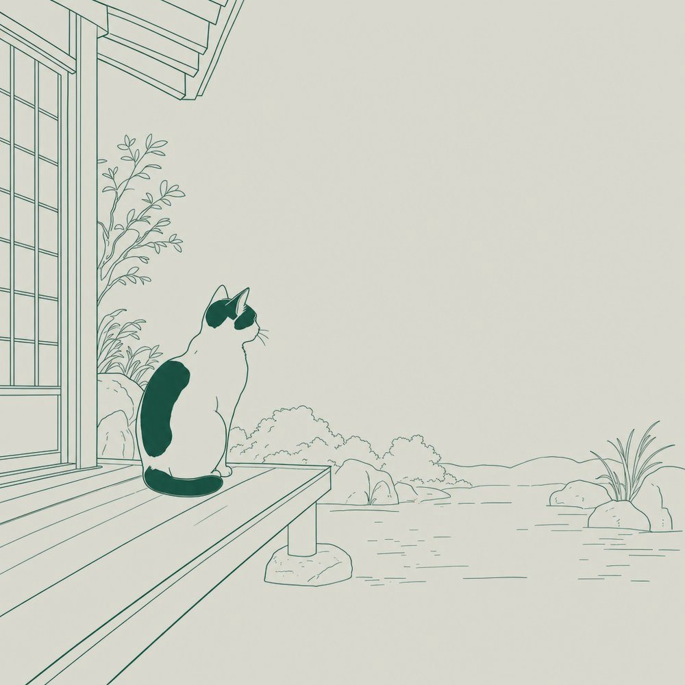 縁側に座る、ハチワレ柄の猫の線画